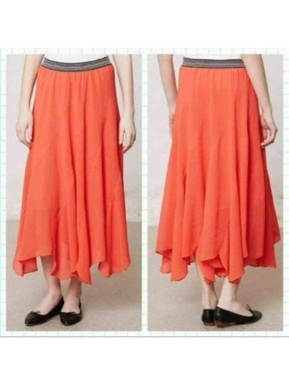 Vanessa Virginia Women's Medium Coral Chiffon Pull On Scalloped Midi Skirt